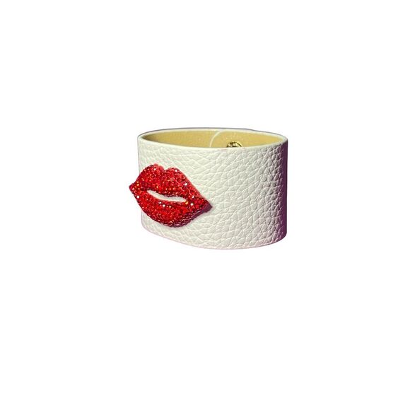 Rhinestone Kiss Red Lip White Cuff Bracelet Adjustable Snap - Picture 13 of 14